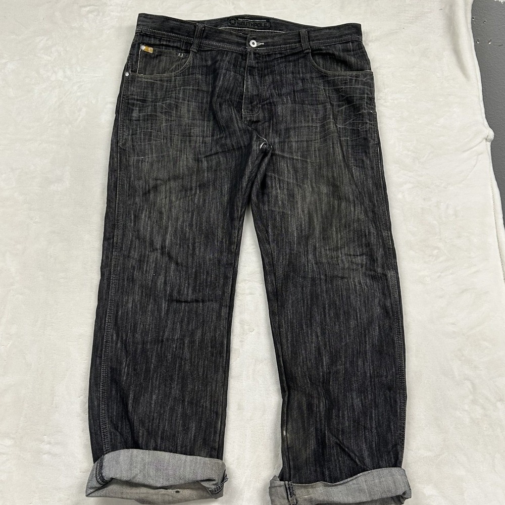 Southpole Relaxed Fit Jeans Mens 40 Black Slub Denim Baggy Streetwear Y2K